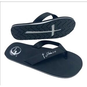 WIHFS Walk In His Footsteps John 3:16 Cross Religious Flip Flops Sandals Black
